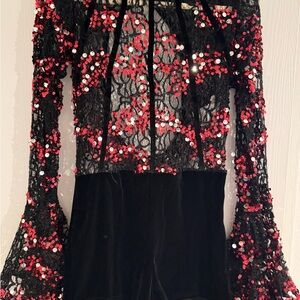 Gallery Black and Red Sequin Lace Bodysuit